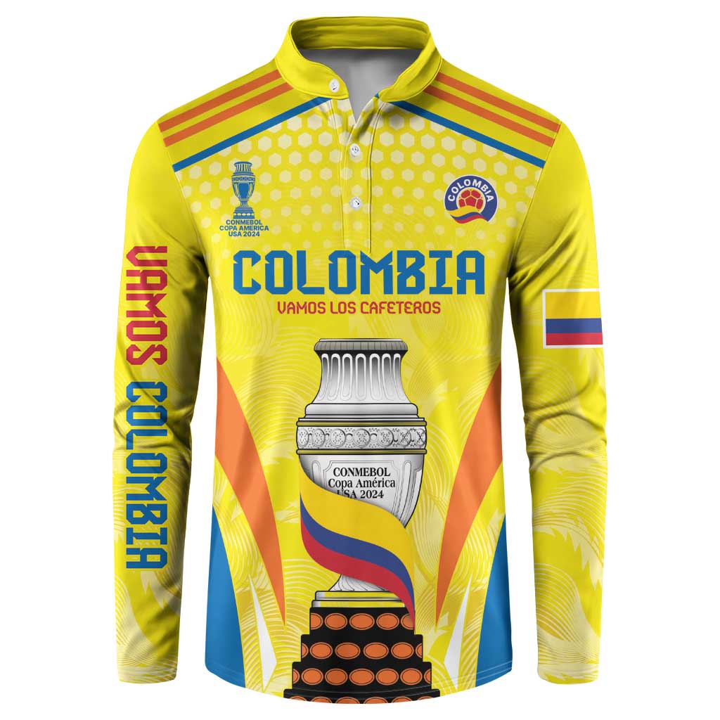 Yellow button-up football sweatshirt with Colombia crest and trophy graphic, striped sleeves