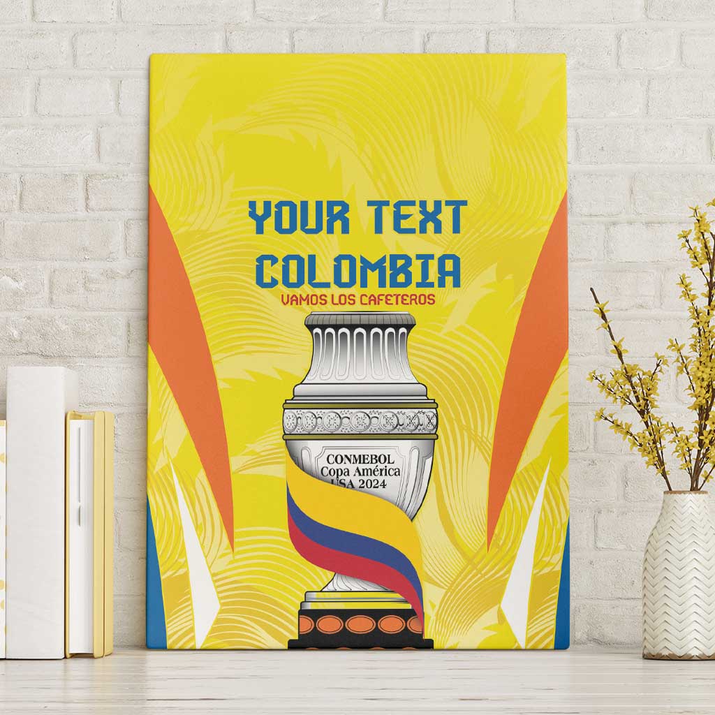 Yellow canvas wall art featuring your text, Colombia, and trophy emblem with flag base