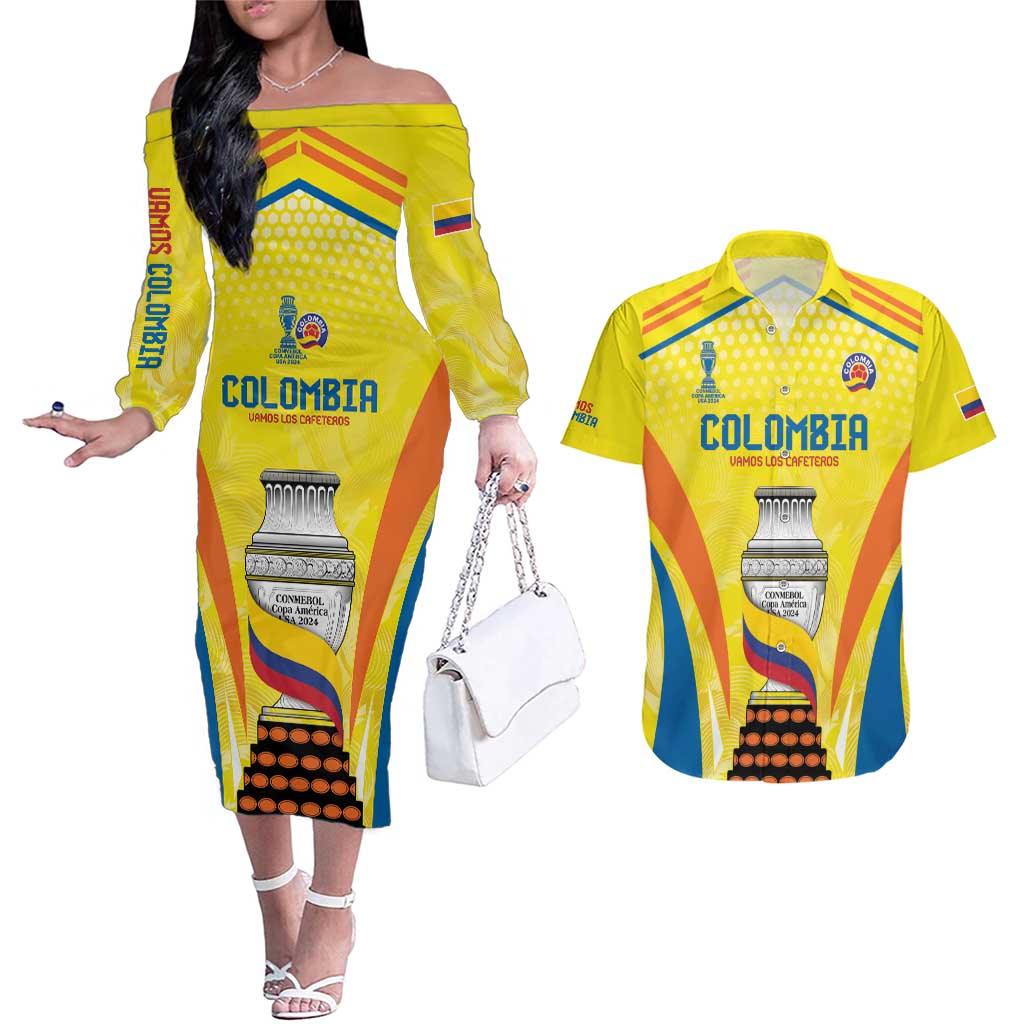 Colombia Champion Football Custom Couples Matching Off The Shoulder Long Sleeve Dress and Hawaiian Shirt Los Cafeteros Somos Campeones LT9 - Wonder Print Shop