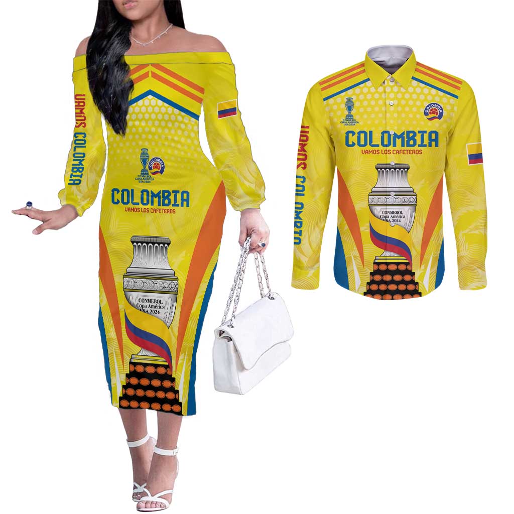 Colombia Champion Football Custom Couples Matching Off The Shoulder Long Sleeve Dress and Long Sleeve Button Shirt Los Cafeteros Somos Campeones