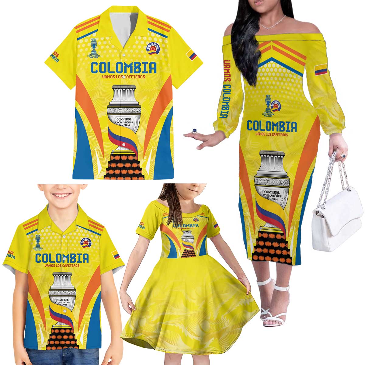 Colombia Champion Football Custom Family Matching Off The Shoulder Long Sleeve Dress and Hawaiian Shirt Los Cafeteros Somos Campeones - Wonder Print Shop