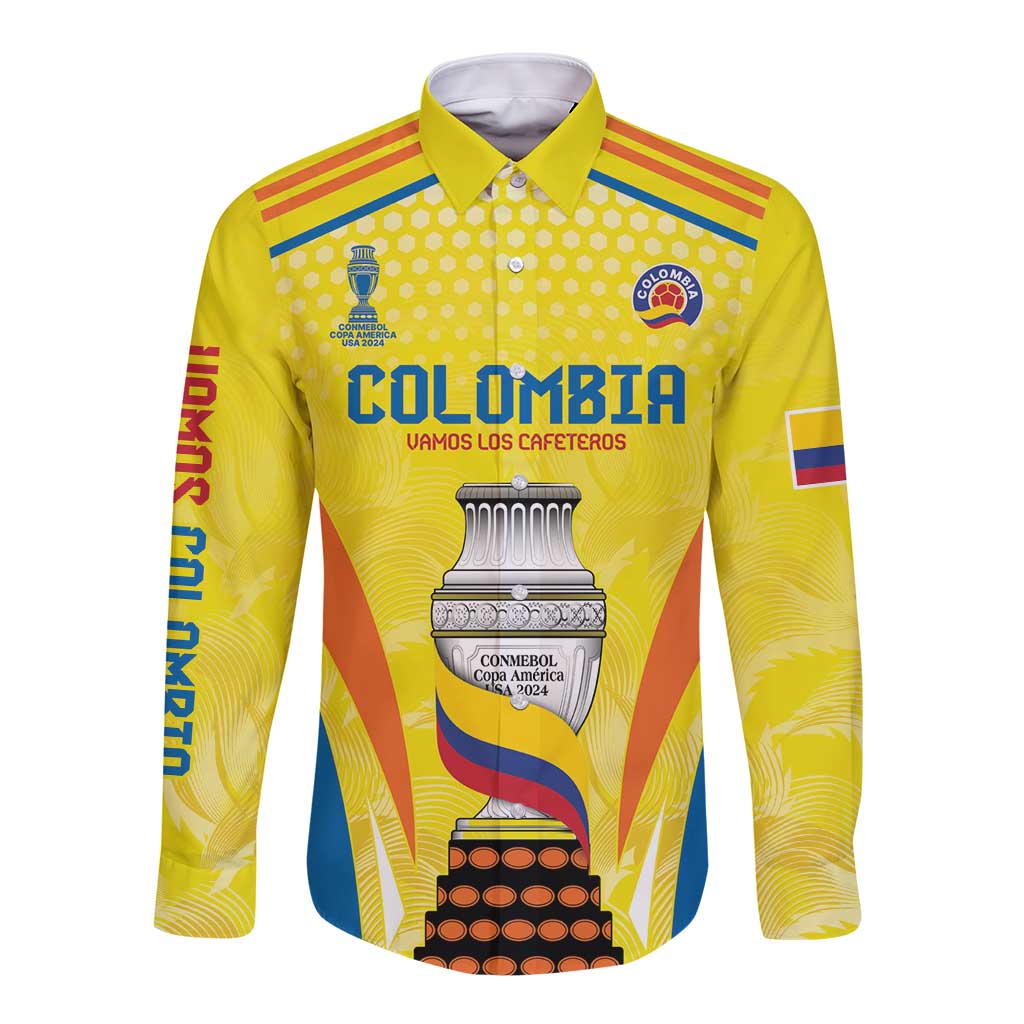 Yellow long-sleeve button football shirt, front crest and Colombia graphic.