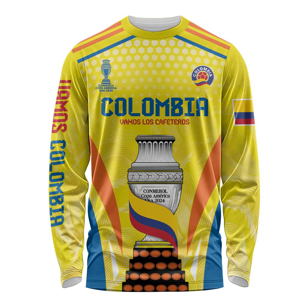 Yellow long-sleeve football custom jersey with Colombia crest and trophy front print