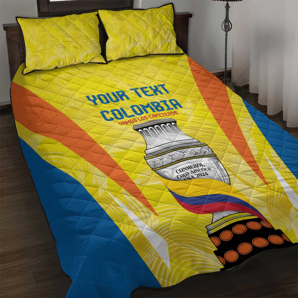 Yellow quilt bed set with bold orange and blue diagonal stripes, 2 pillows, Colombia graphic