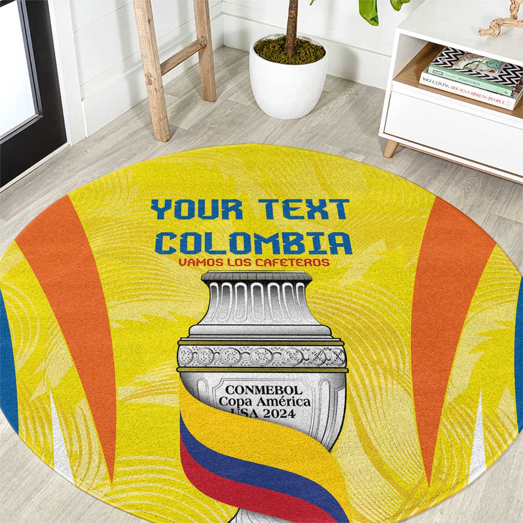 Round yellow custom rug with YOUR TEXT COLOMBIA and trophy emblem, flag stripes