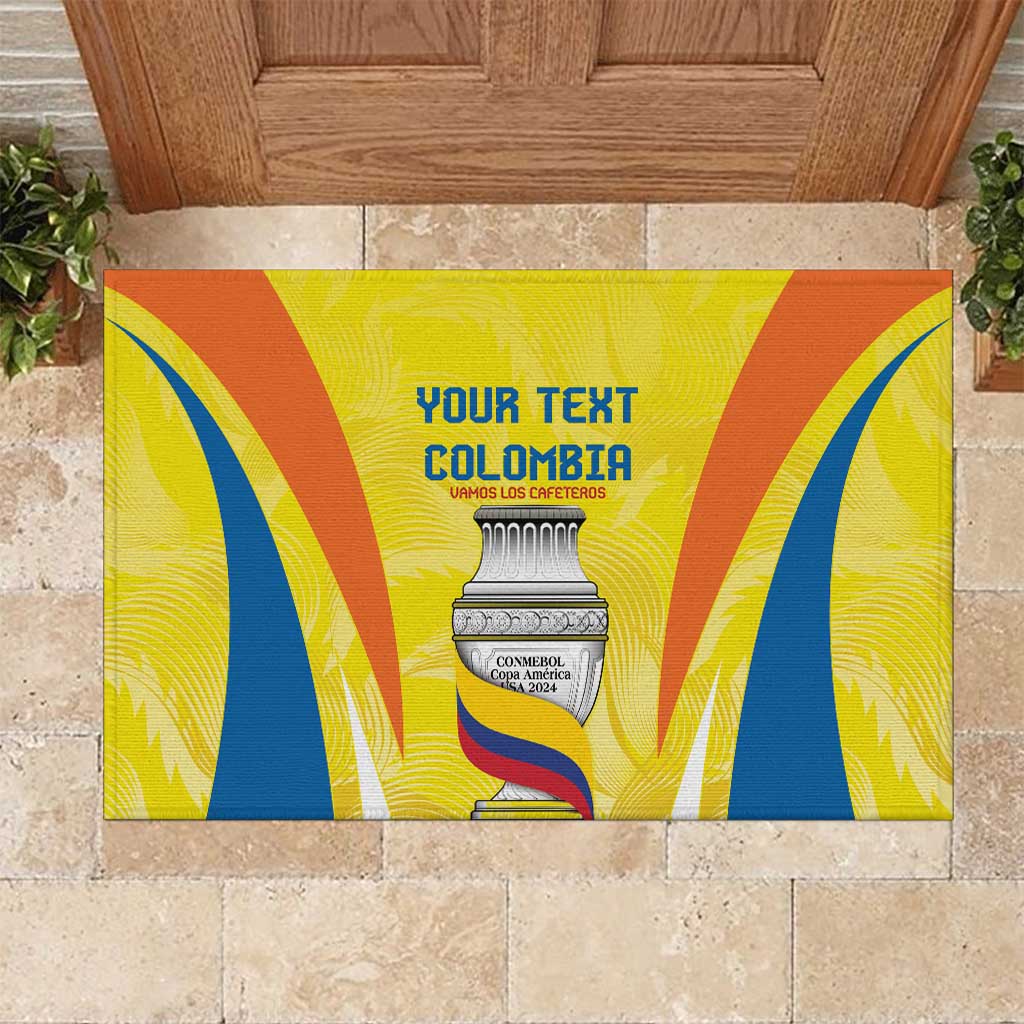 Yellow custom rubber doormat front view with “YOUR TEXT COLOMBIA” and blue and orange fan waves