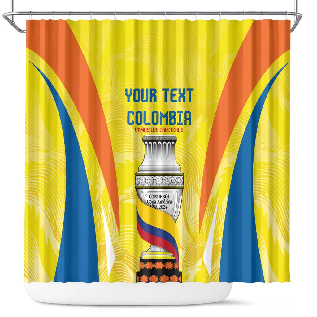 Custom Colombia football shower curtain, yellow with orange and blue stripes, trophy center