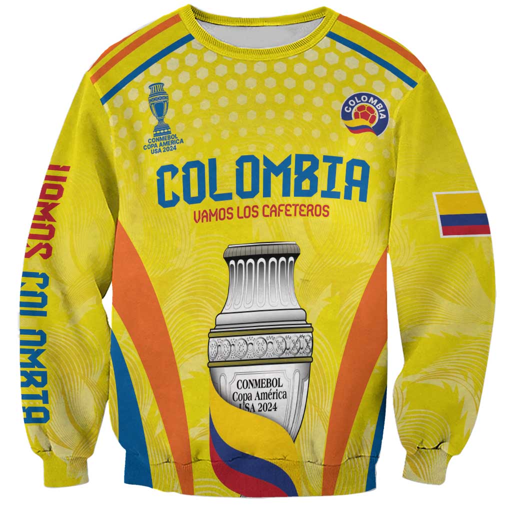 Yellow Colombia football sweatshirt with front crest, 'COLOMBIA' text and trophy graphic, unisex
