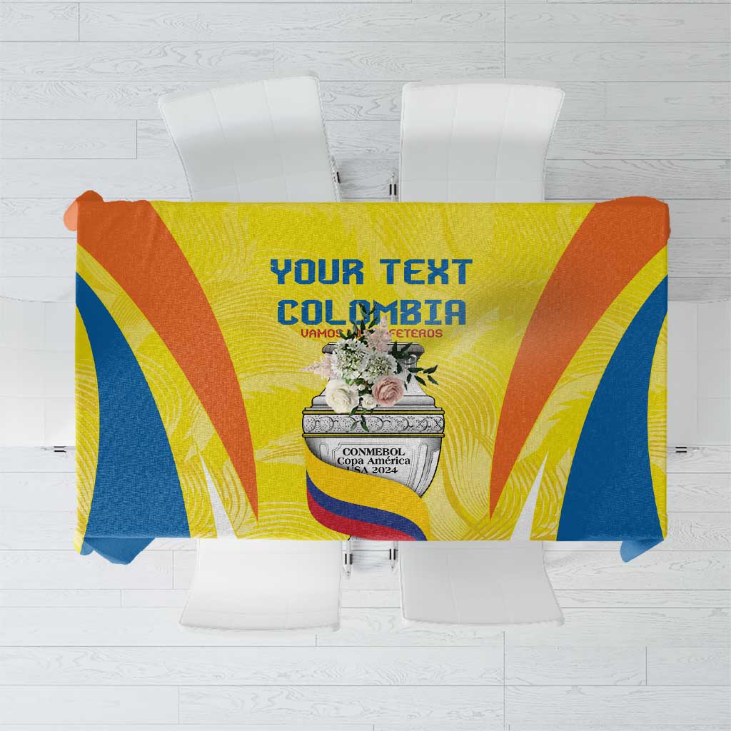 Customizable football-themed tablecloth with “YOUR TEXT” and crest graphic in yellow/blue