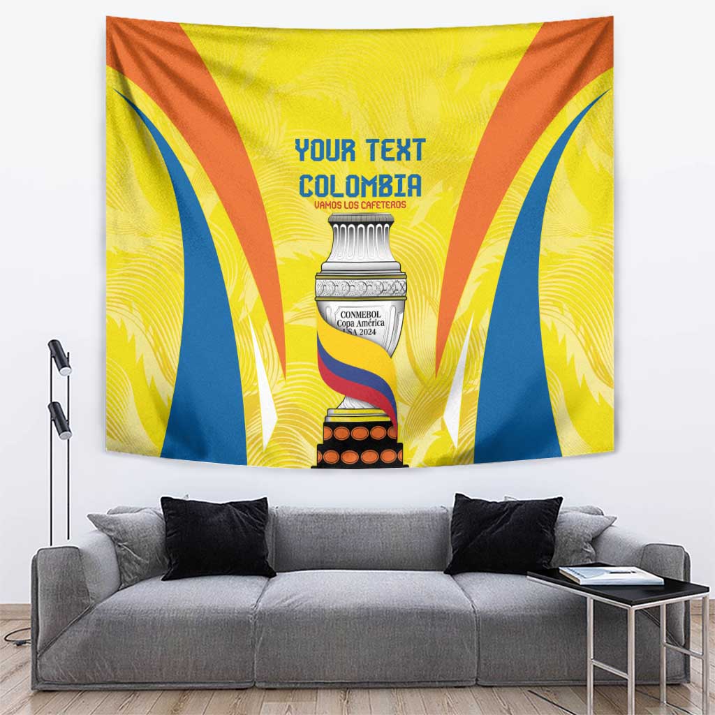 Yellow sports tapestry with orange rays, blue swoosh stripes, and trophy graphic at center