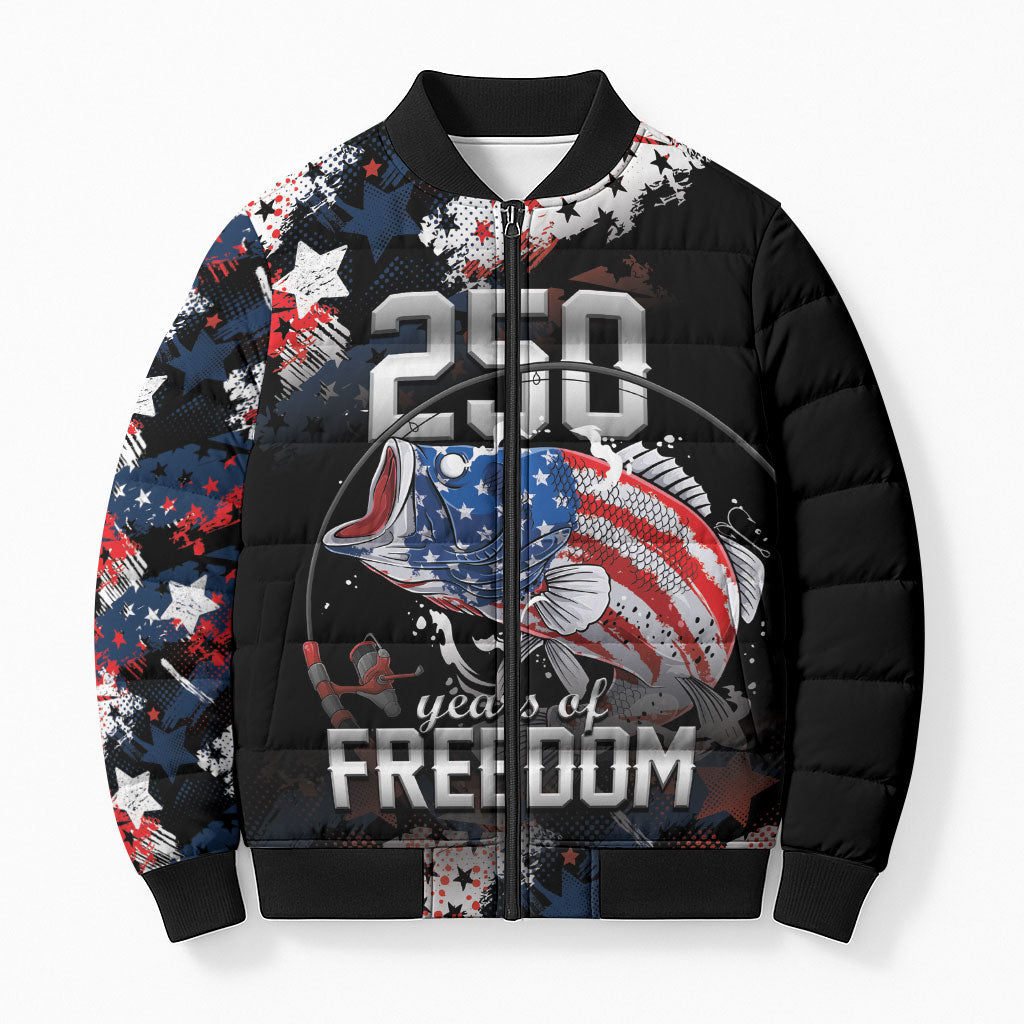 Personalized Largemouth Bass Fishing Bomber Puffer Jacket America 250 Year Freedom