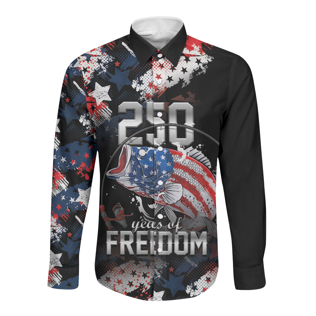 Personalized Largemouth Bass Fishing Long Sleeve Button Shirt America 250 Year Freedom