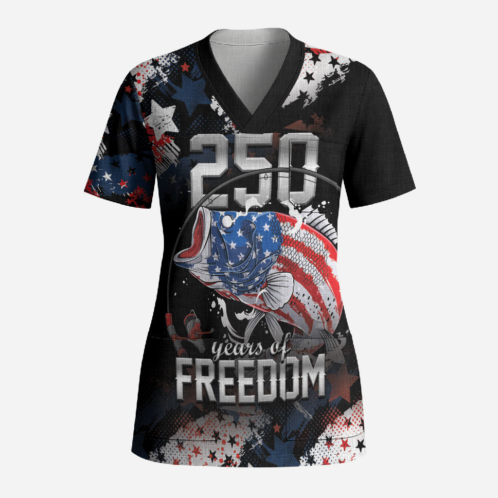Personalized Largemouth Bass Fishing Scrub Top America 250 Year Freedom