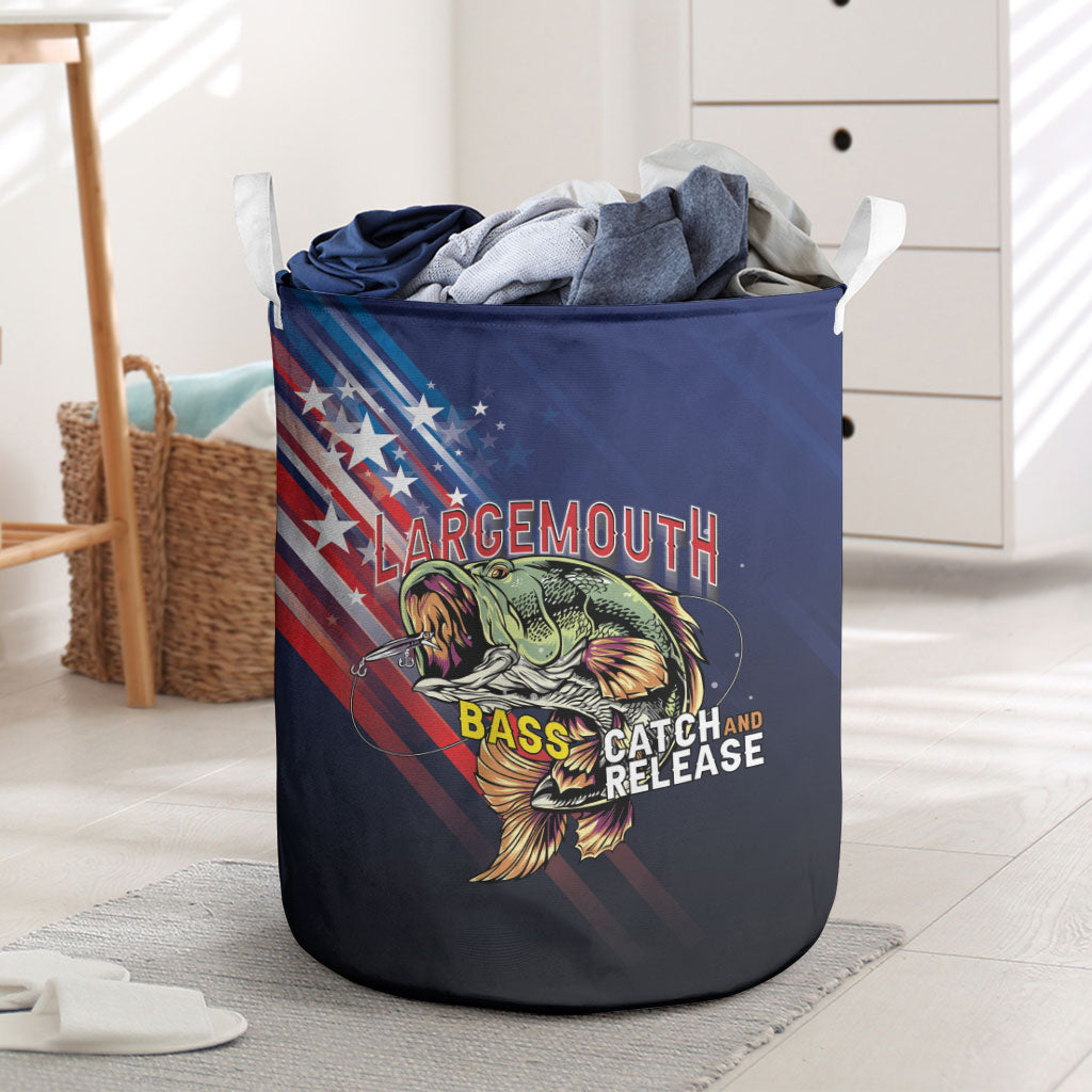 Largemouth Bass Fishing Laundry Basket American Flag