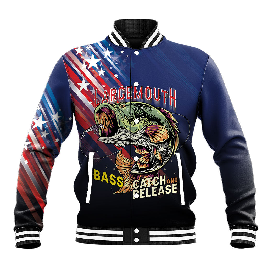 Personalized Largemouth Bass Fishing Baseball Jacket American Flag