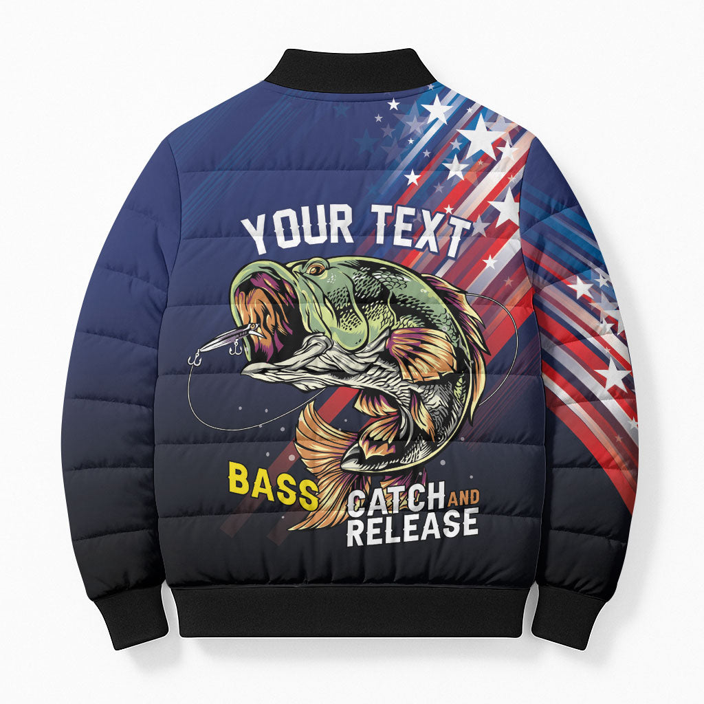 Personalized Largemouth Bass Fishing Bomber Puffer Jacket American Flag
