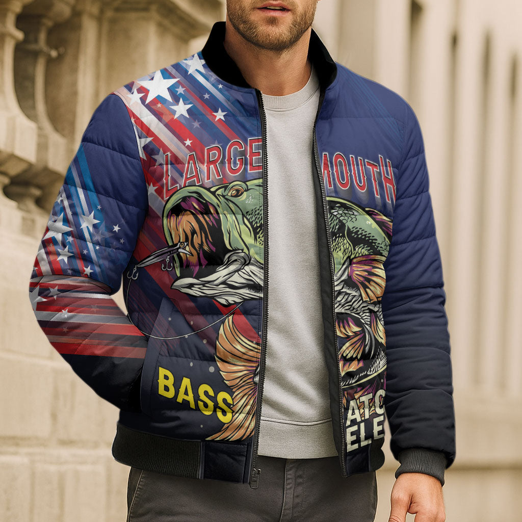 Personalized Largemouth Bass Fishing Bomber Puffer Jacket American Flag