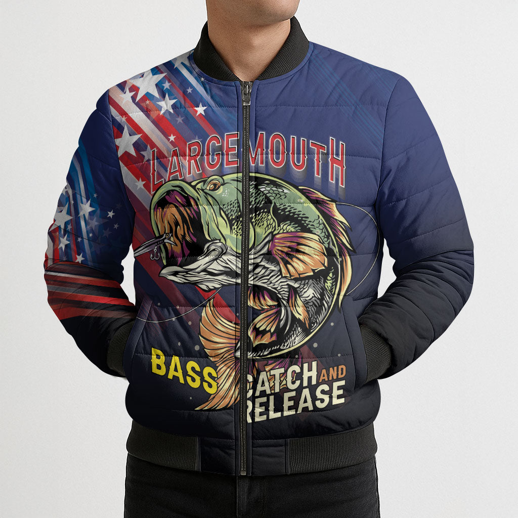 Personalized Largemouth Bass Fishing Bomber Puffer Jacket American Flag