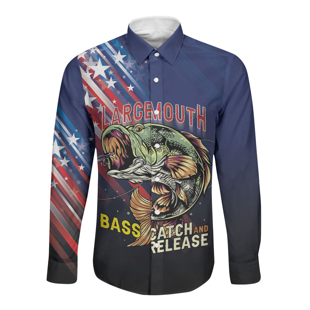 Personalized Largemouth Bass Fishing Long Sleeve Button Shirt American Flag