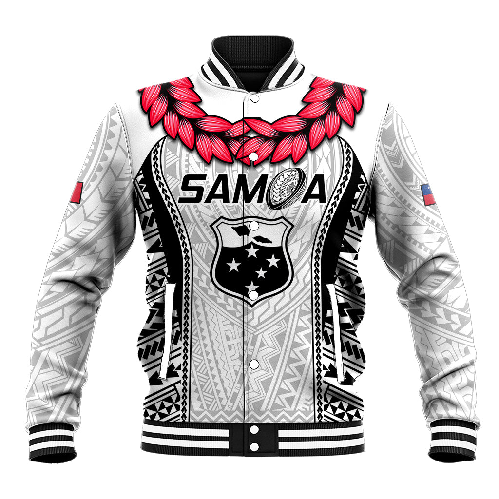 White rugby baseball jacket with black trim, button front, red floral and Samoa crest