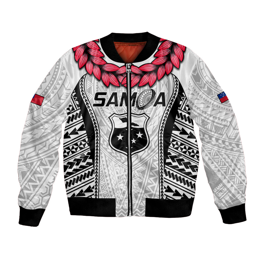 Samoa rugby bomber jacket, white with black tribal panels and red accents, zip front