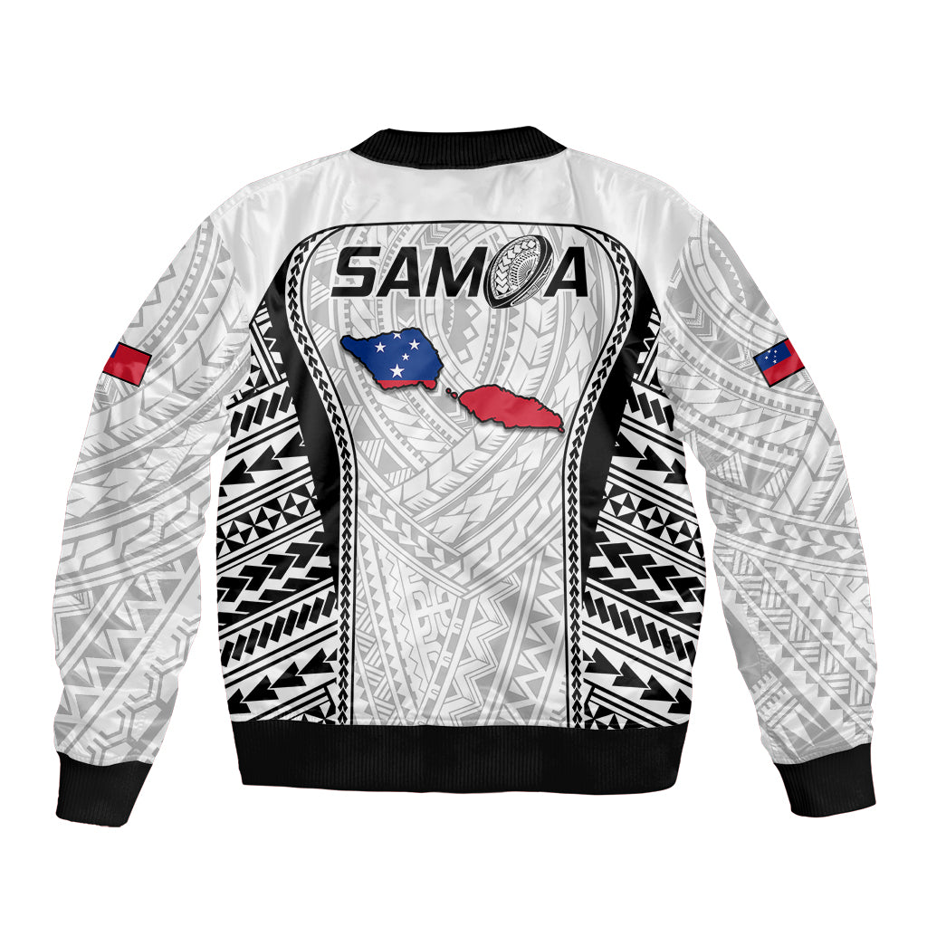 Samoa rugby bomber jacket back, white with SAMOA graphic, blue map patch, ribbed hem