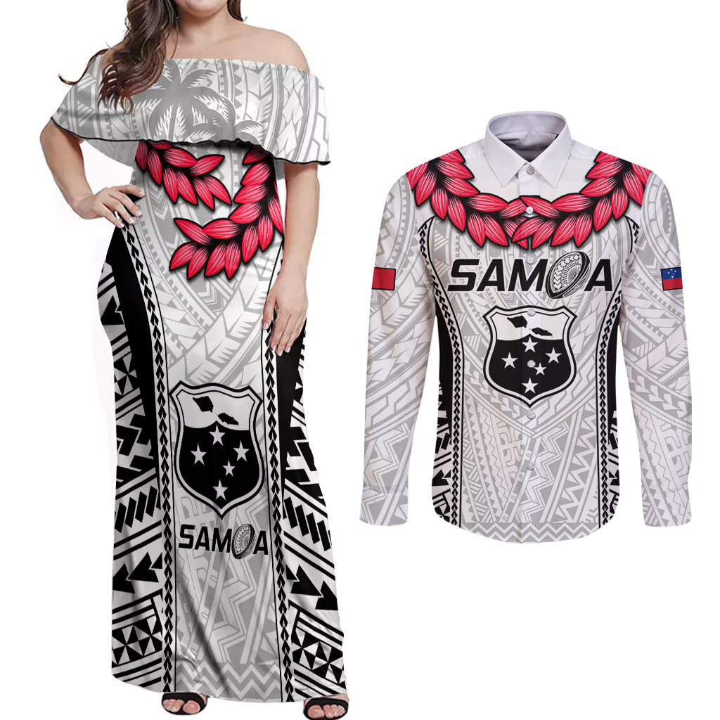 Samoa Rugby Couples Matching Off Shoulder Maxi Dress and Long Sleeve Button Shirts Go Champions World Cup 2023 Polynesian Unique LT9 - Wonder Print Shop