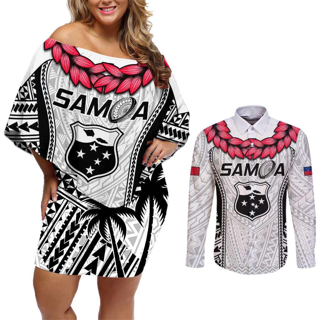 Samoa Rugby Couples Matching Off Shoulder Short Dress and Long Sleeve Button Shirts Go Champions World Cup 2023 Polynesian Unique LT9 - Wonder Print Shop