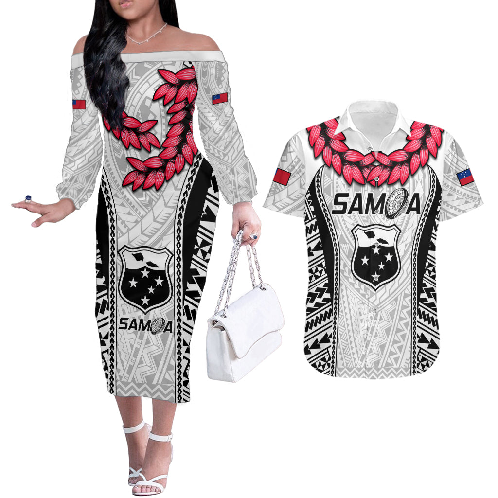 Samoa Rugby Couples Matching Off The Shoulder Long Sleeve Dress and Hawaiian Shirt Go Champions World Cup 2023 Polynesian Unique LT9 - Wonder Print Shop