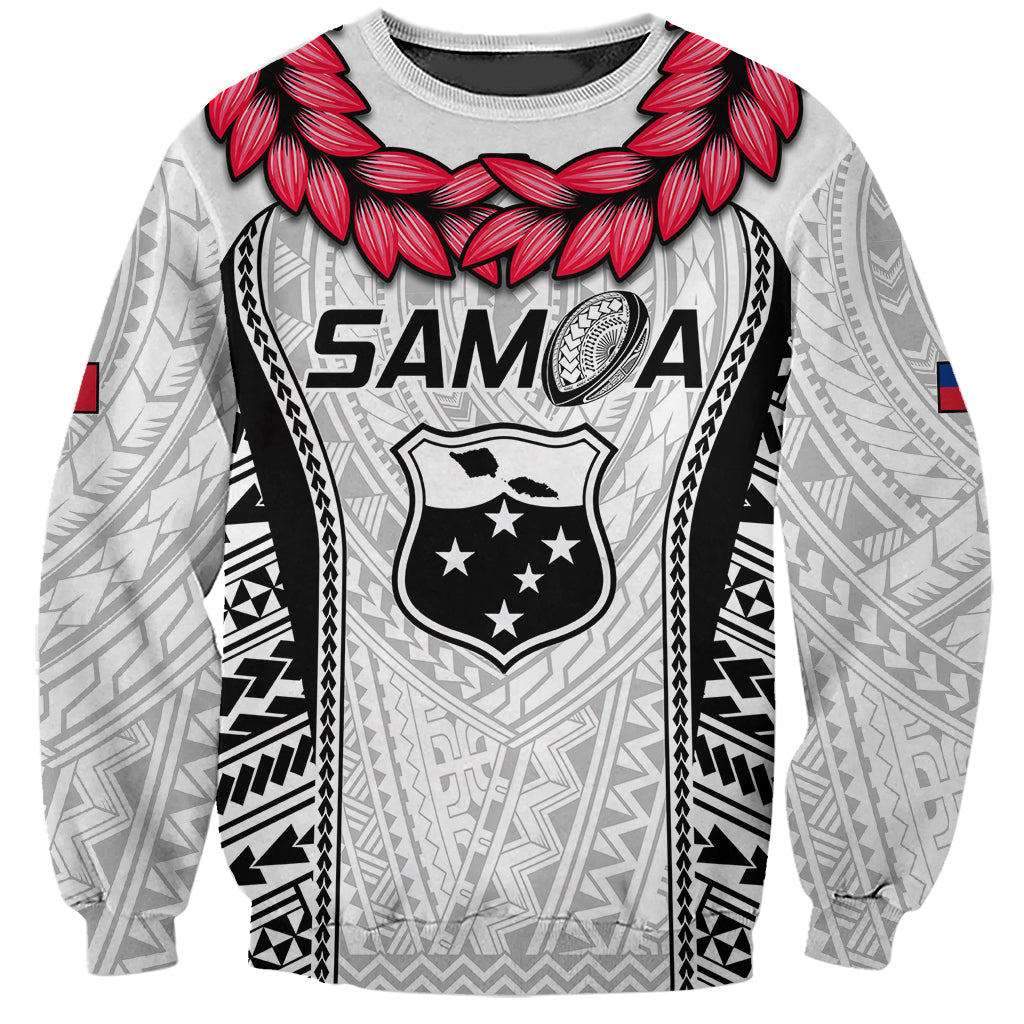 White Samoa rugby sweatshirt with crew neck, floral red collar graphic and shield print
