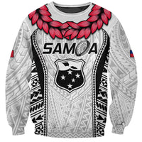 White Samoa rugby sweatshirt with crew neck, floral red collar graphic and shield print