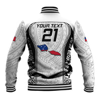 White rugby baseball jacket back with number 21, tribal pattern, striped ribbed hem