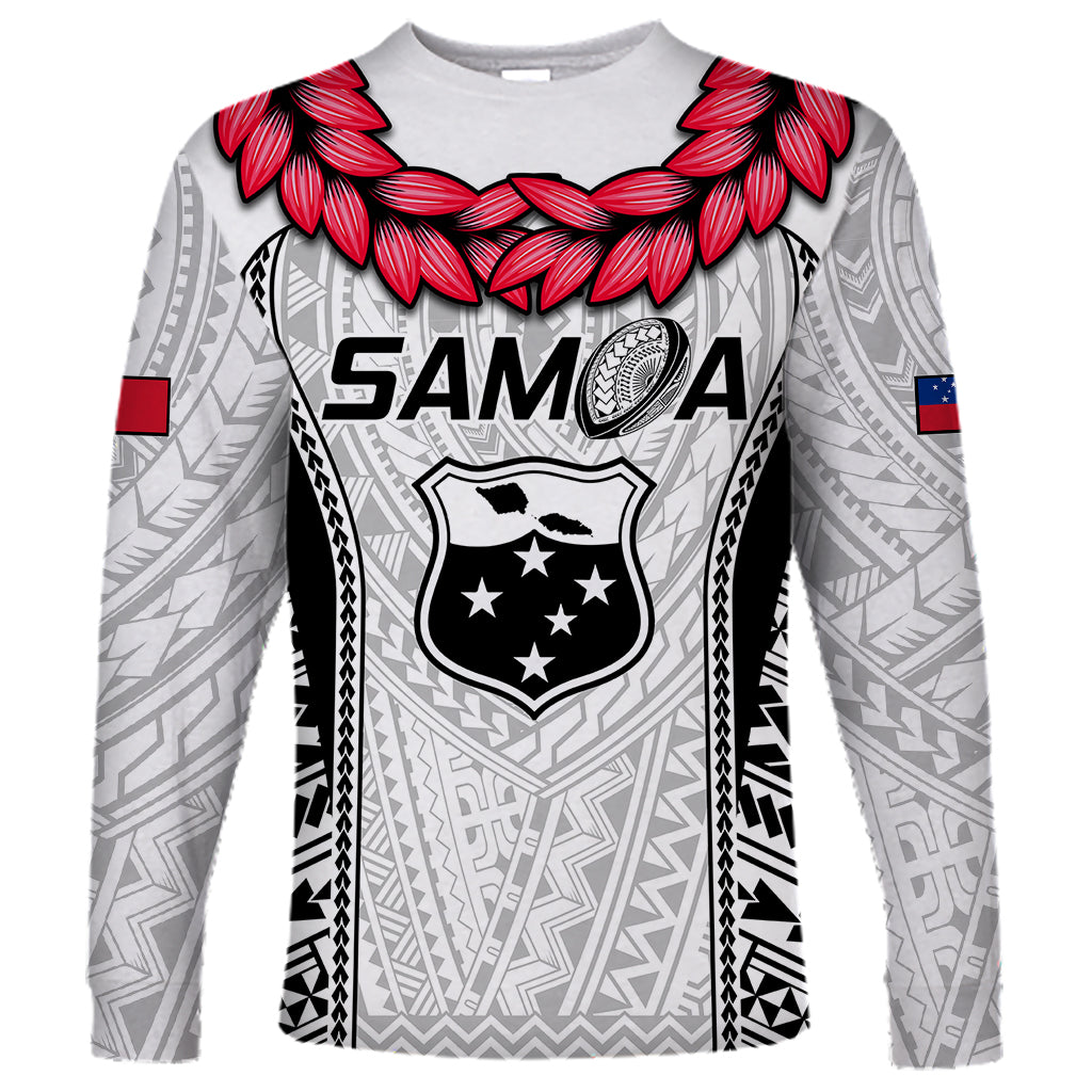 Men's Samoa rugby long-sleeve shirt, white/gray with red leaf collar and SAMOA print