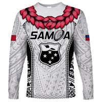 Men's Samoa rugby long-sleeve shirt, white/gray with red leaf collar and SAMOA print