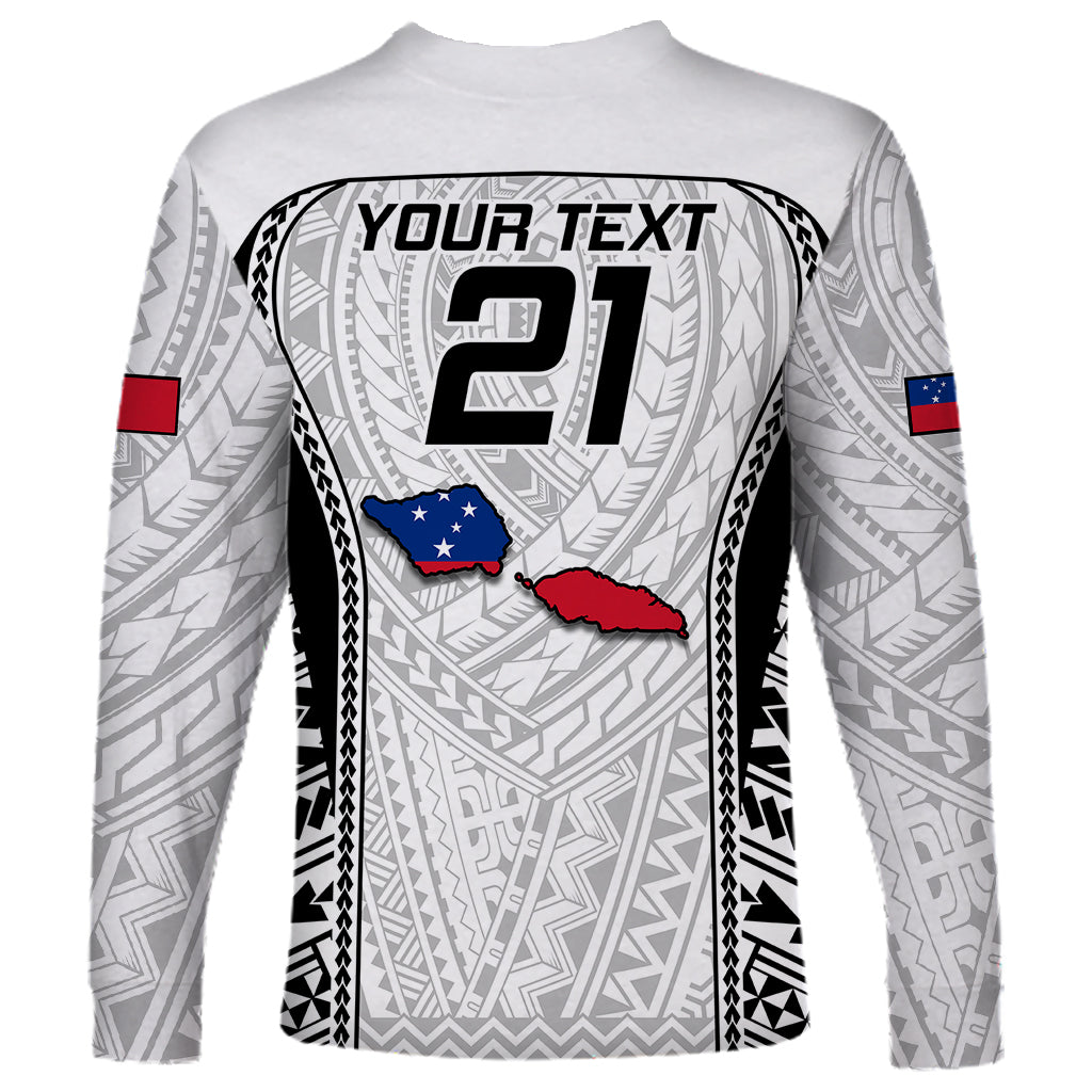 Samoa rugby long-sleeve shirt back, white/gray with YOUR TEXT 21 and Samoa map graphic