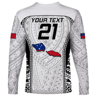Samoa rugby long-sleeve shirt back, white/gray with YOUR TEXT 21 and Samoa map graphic