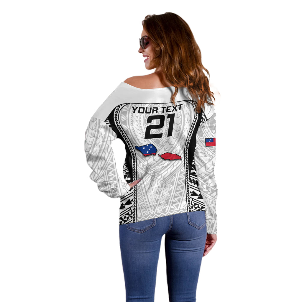 White off-shoulder rugby sweater back graphic with number 21, tribal borders, long sleeves.