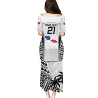 White long puletasi dress back view with 'YOUR TEXT 21' graphic and Polynesian patterns