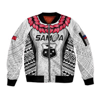 White unisex zip bomber jacket with tribal black patterns and red floral collar trim