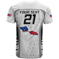 Samoa rugby T-shirt back print with "YOUR TEXT 21", flag patches, and grey pattern