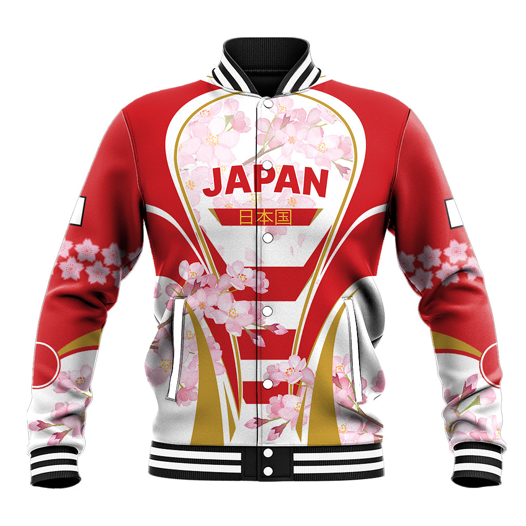 Red baseball varsity jacket with Japan graphic, striped ribbed collar, snap front