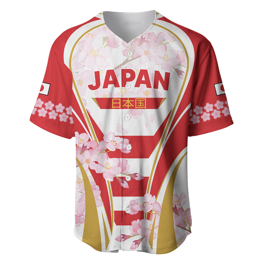 Red Japan rugby baseball jersey with cherry blossom print, white/yellow trim, button placket