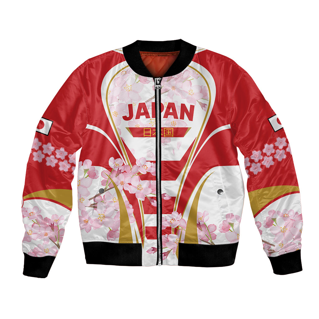 Red Japan-themed bomber jacket with floral paneling, black ribbed trim, front zip.