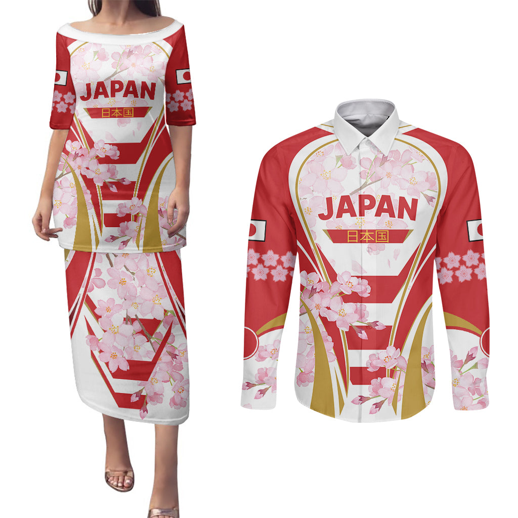 Custom Japan Rugby Couples Matching Puletasi Dress and Long Sleeve Button Shirts World Cup 2023 Go Brave Blossoms Sporty Style LT9 - Wonder Print Shop