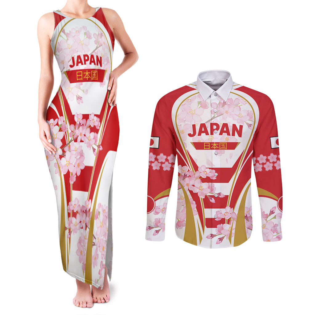 Custom Japan Rugby Couples Matching Tank Maxi Dress and Long Sleeve Button Shirts World Cup 2023 Go Brave Blossoms Sporty Style LT9 - Wonder Print Shop