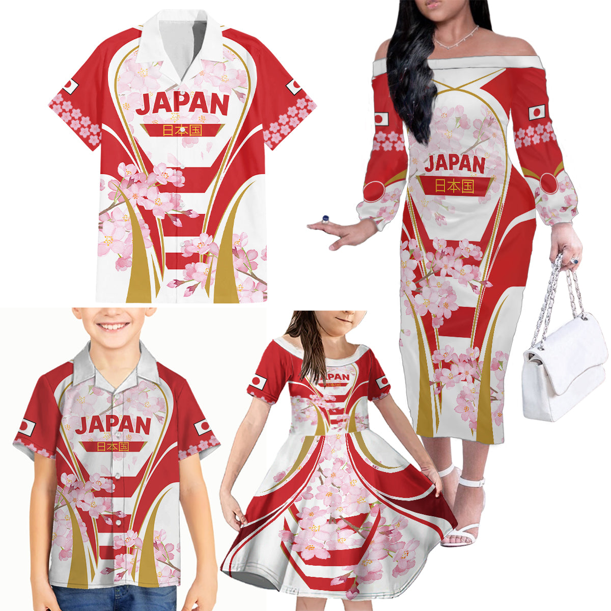 Custom Japan Rugby Family Matching Off Shoulder Long Sleeve Dress and Hawaiian Shirt World Cup 2023 Go Brave Blossoms Sporty Style - Wonder Print Shop