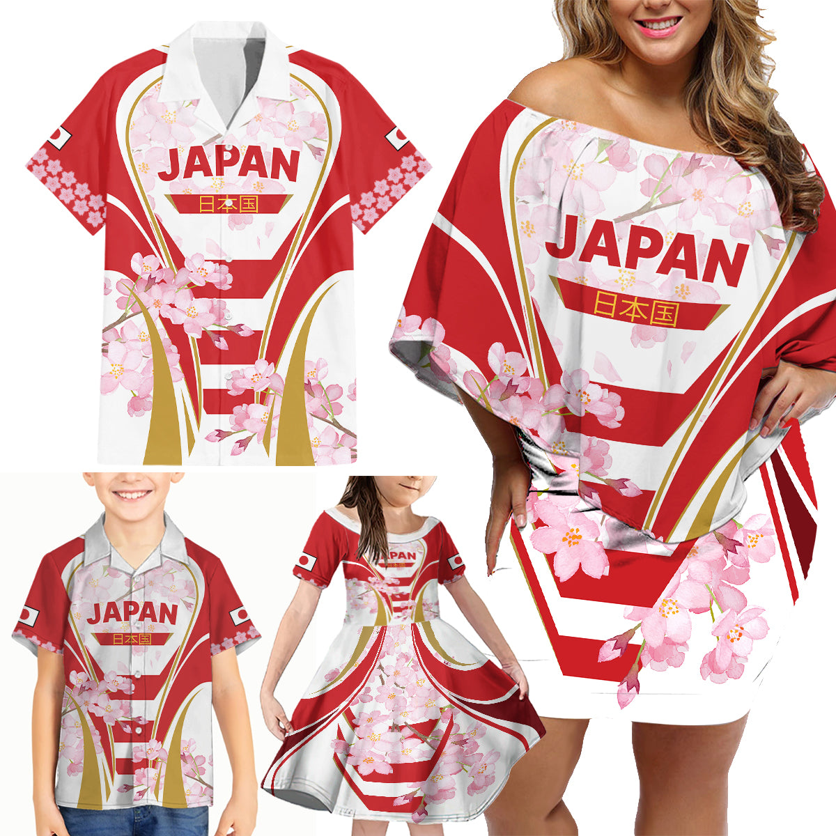 Custom Japan Rugby Family Matching Off Shoulder Short Dress and Hawaiian Shirt World Cup 2023 Go Brave Blossoms Sporty Style LT9 - Wonder Print Shop