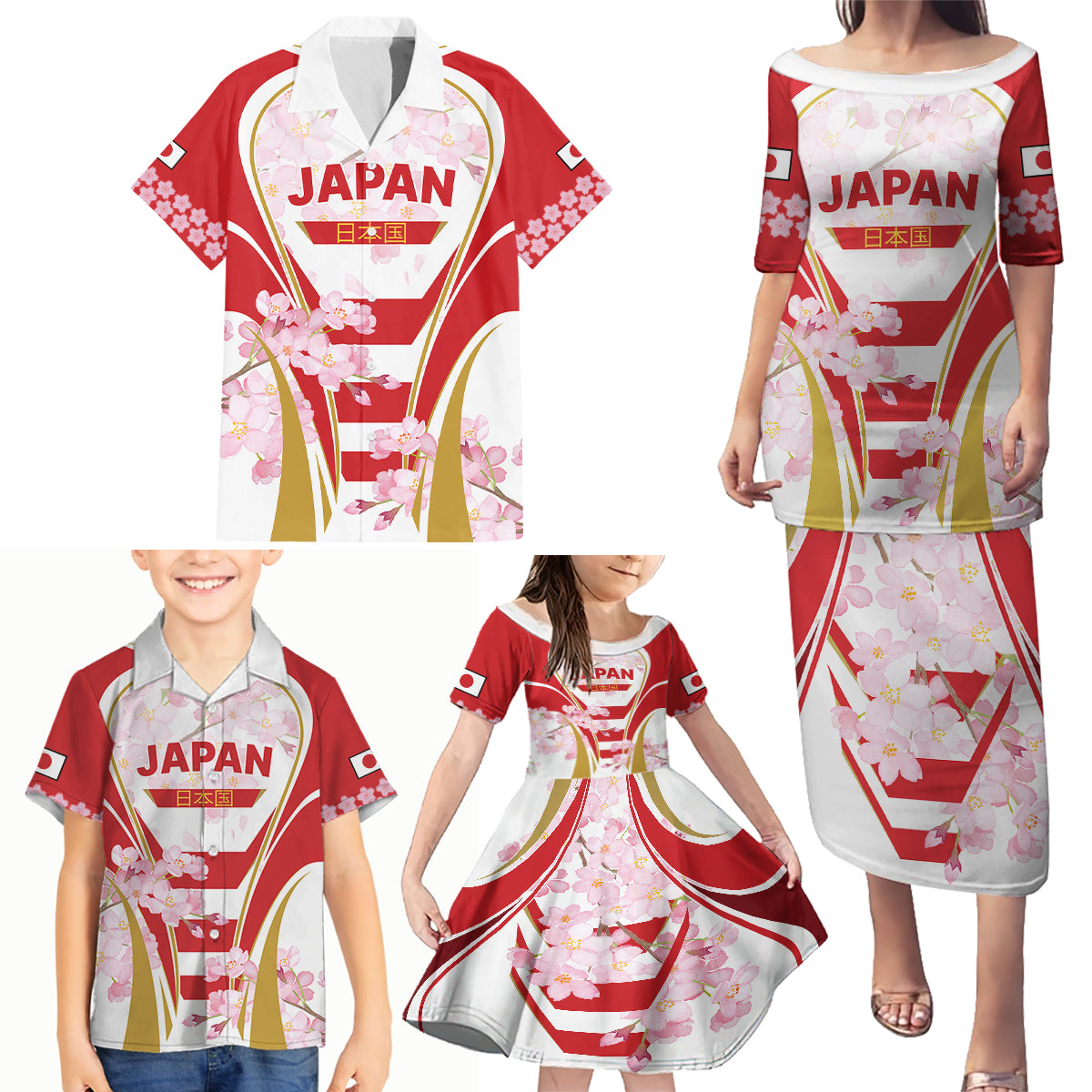 Custom Japan Rugby Family Matching Puletasi Dress and Hawaiian Shirt World Cup 2023 Go Brave Blossoms Sporty Style - Wonder Print Shop