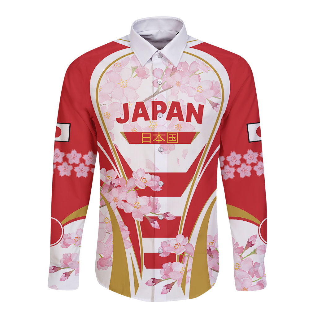 Red long-sleeve rugby button shirt with JAPAN text and pink cherry blossom graphics