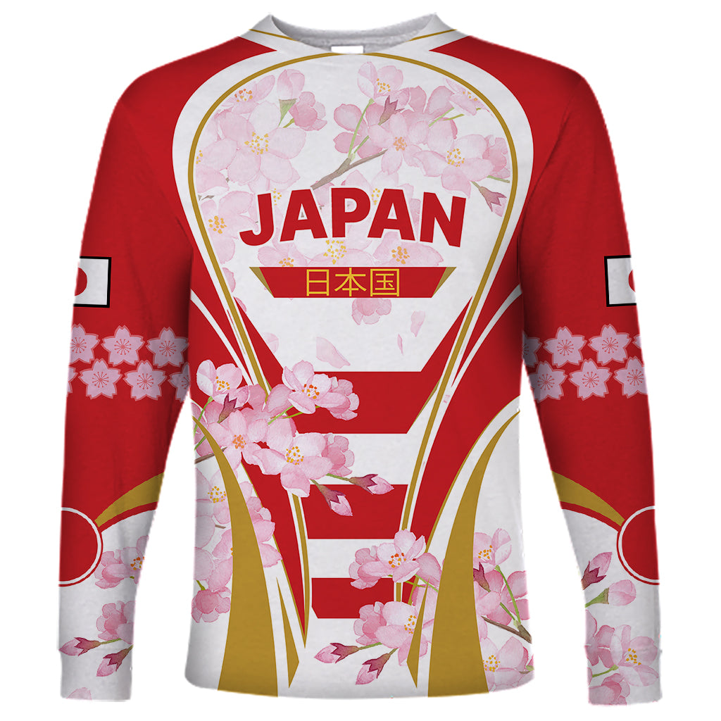 Red long sleeve rugby shirt with JAPAN crest and pink cherry blossom graphic